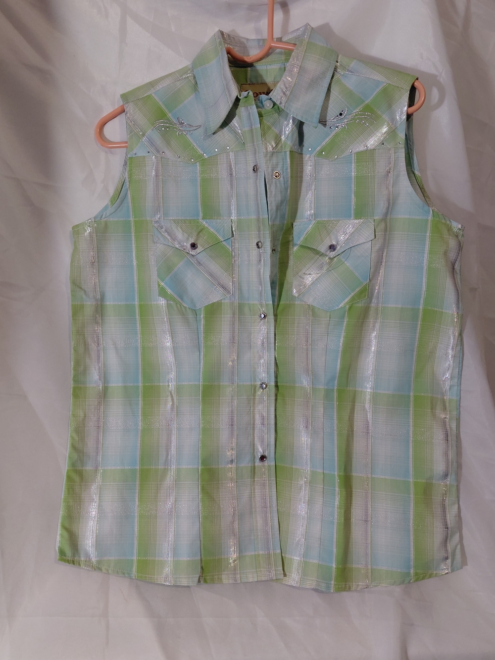 Sleeveless Plaid Button-Front Blouse in Green & Light Blue with Metallic Trim
